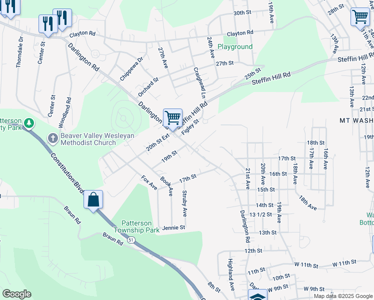 map of restaurants, bars, coffee shops, grocery stores, and more near 2603 19th Street in Beaver Falls