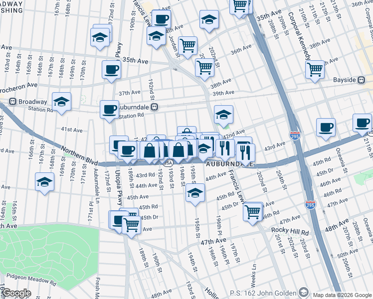 map of restaurants, bars, coffee shops, grocery stores, and more near 19505 Northern Boulevard in Queens