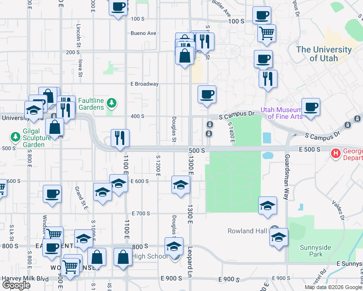 map of restaurants, bars, coffee shops, grocery stores, and more near 1254 East 500 South in Salt Lake City