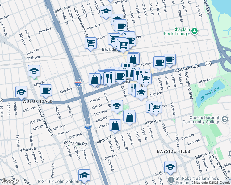 map of restaurants, bars, coffee shops, grocery stores, and more near 209-19 45th Drive in Queens