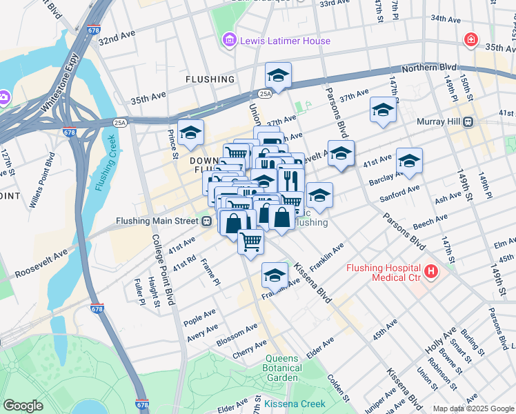map of restaurants, bars, coffee shops, grocery stores, and more near 138-4 Barclay Avenue in Queens
