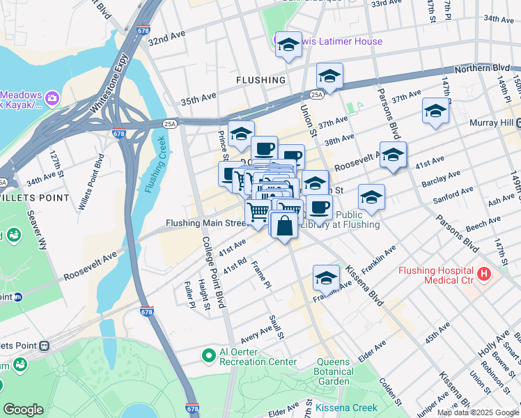 map of restaurants, bars, coffee shops, grocery stores, and more near 135-24 40th Road in Queens