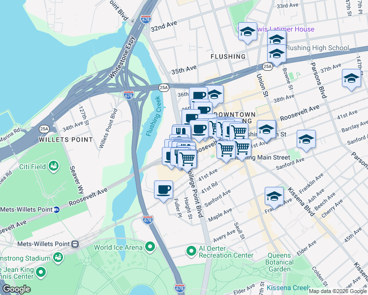 map of restaurants, bars, coffee shops, grocery stores, and more near 40-26 College Point Boulevard in Queens
