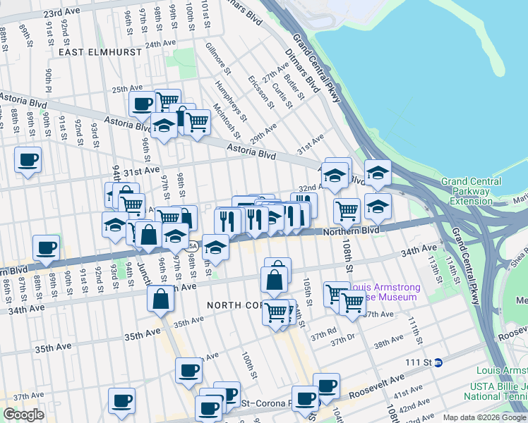 map of restaurants, bars, coffee shops, grocery stores, and more near 32-50 103rd Street in Queens