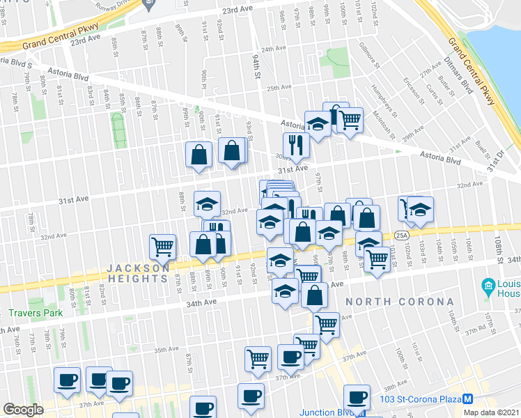 map of restaurants, bars, coffee shops, grocery stores, and more near in Queens