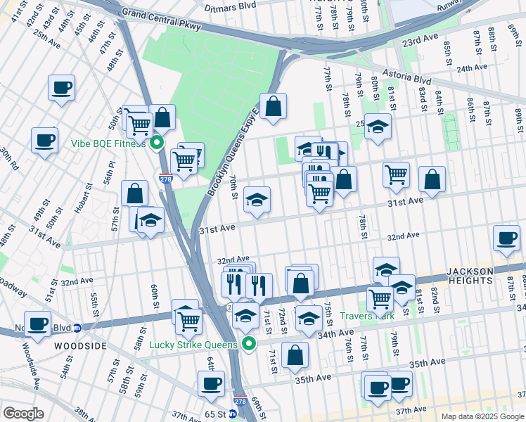 map of restaurants, bars, coffee shops, grocery stores, and more near 71-06 31st Avenue in Queens