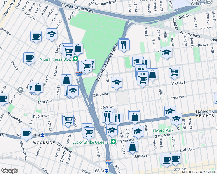 map of restaurants, bars, coffee shops, grocery stores, and more near 69-14 31st Avenue in Queens