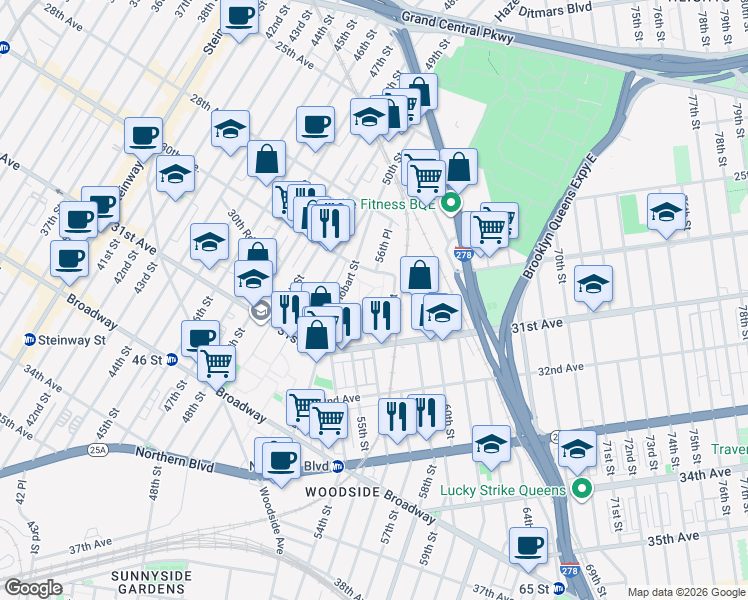 map of restaurants, bars, coffee shops, grocery stores, and more near 56-07 31st Avenue in Queens