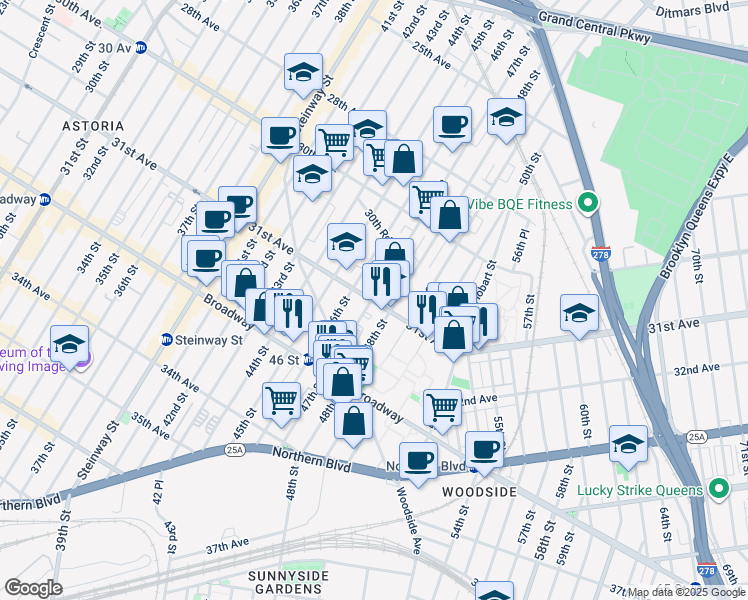 map of restaurants, bars, coffee shops, grocery stores, and more near 31-12 48th Street in Queens
