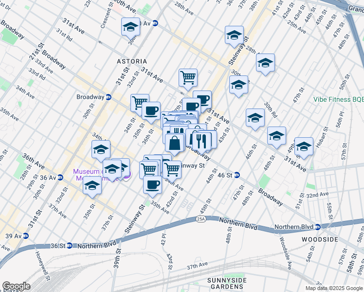 map of restaurants, bars, coffee shops, grocery stores, and more near 4112 Broadway in Queens
