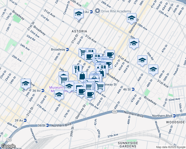 map of restaurants, bars, coffee shops, grocery stores, and more near 32-63 37th Street in Queens