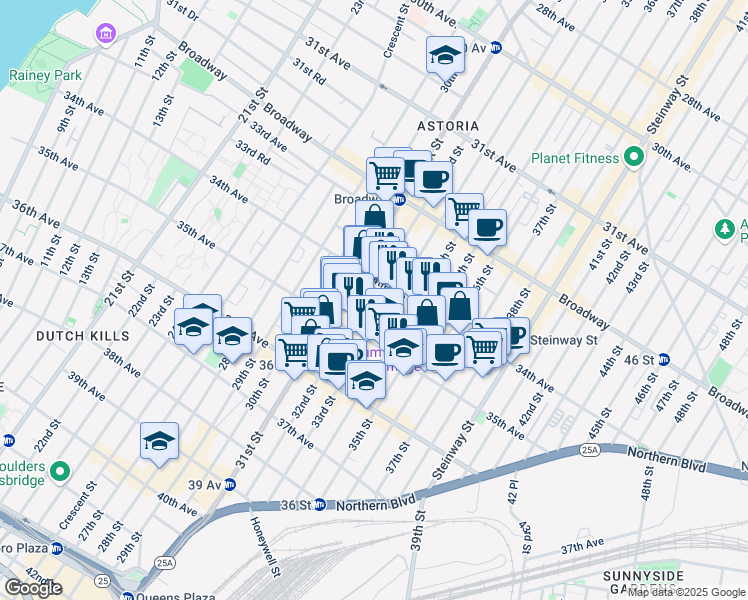 map of restaurants, bars, coffee shops, grocery stores, and more near 34-29 33rd Street in Queens