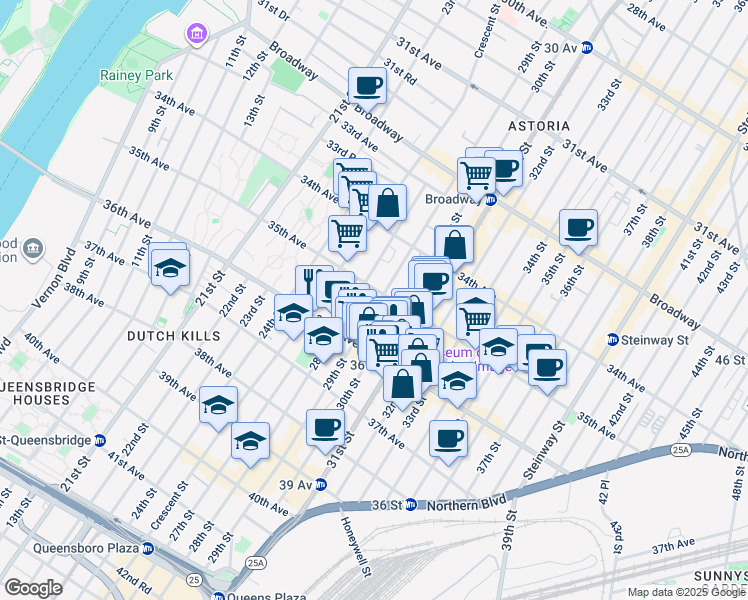 map of restaurants, bars, coffee shops, grocery stores, and more near 35-33 29th Street in Queens