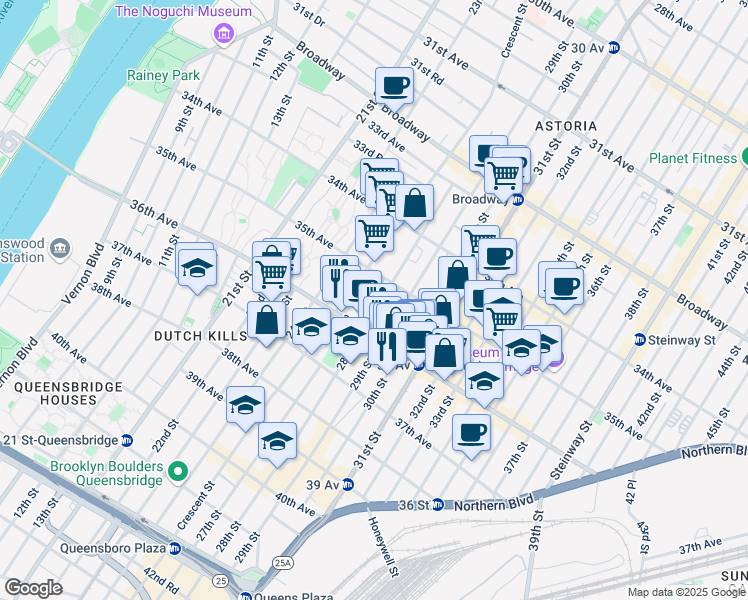 map of restaurants, bars, coffee shops, grocery stores, and more near 3550 28th Street in Queens