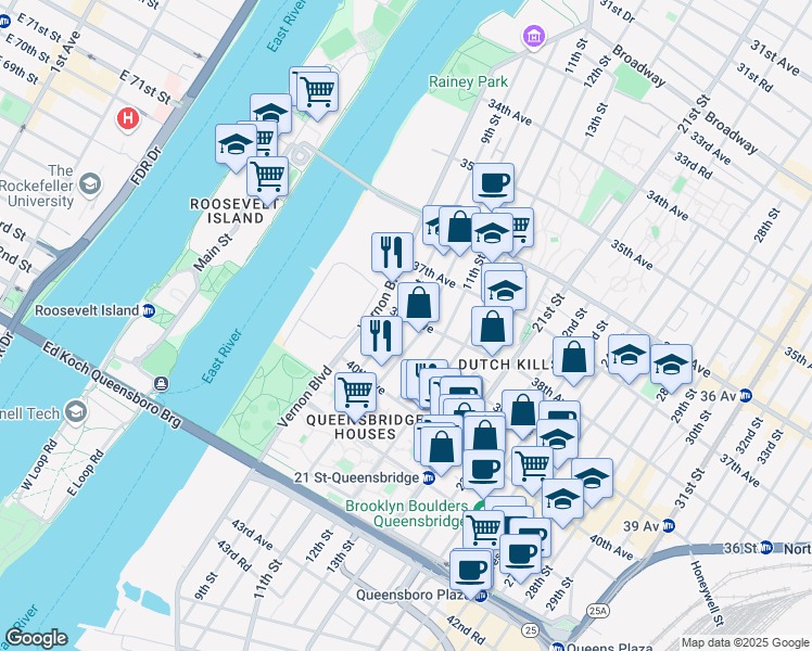 map of restaurants, bars, coffee shops, grocery stores, and more near in Queens