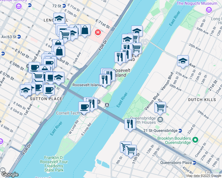map of restaurants, bars, coffee shops, grocery stores, and more near 405-425 Main Street in New York