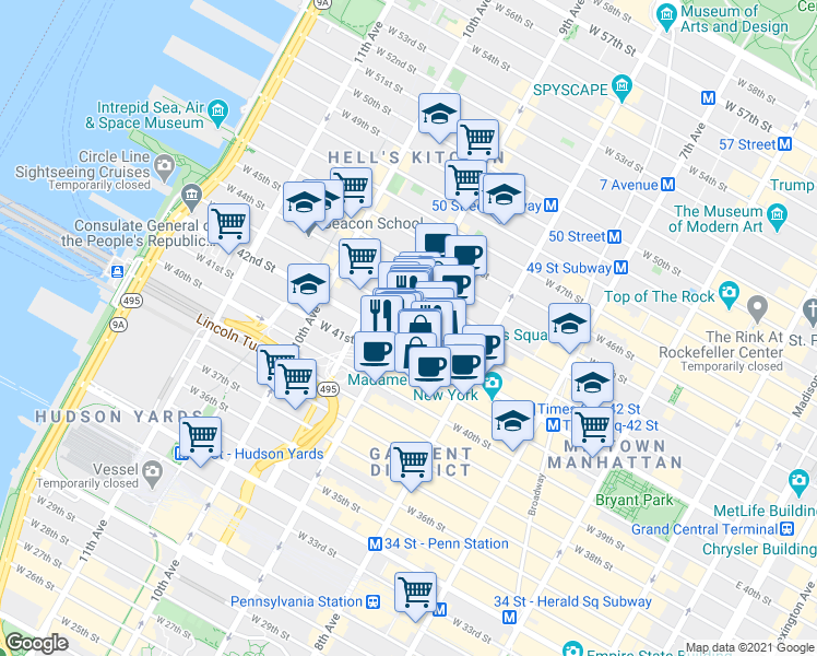 map of restaurants, bars, coffee shops, grocery stores, and more near 401 West 42nd Street in New York