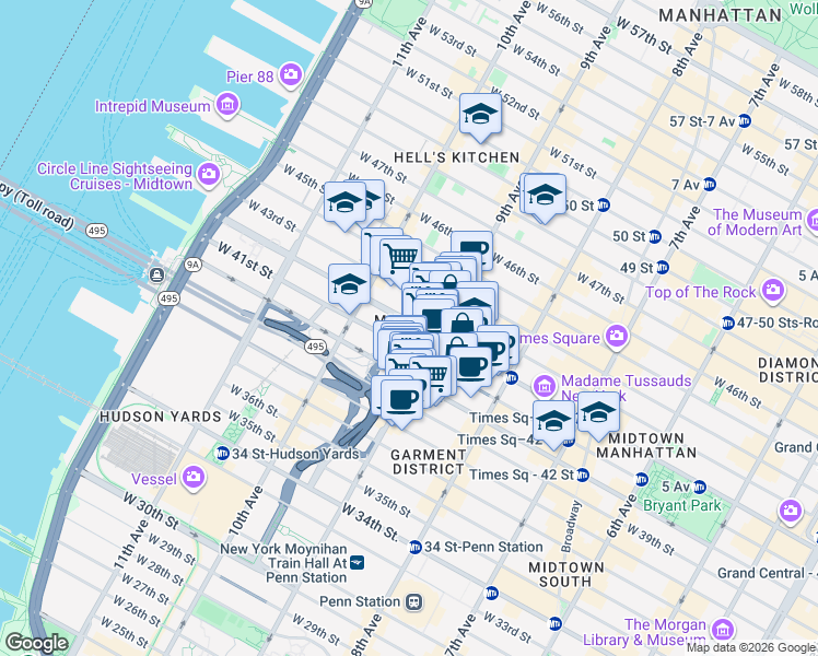 map of restaurants, bars, coffee shops, grocery stores, and more near in New York