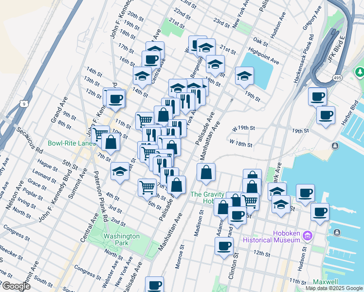 map of restaurants, bars, coffee shops, grocery stores, and more near 1009 Palisade Avenue in Union City
