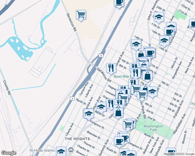 map of restaurants, bars, coffee shops, grocery stores, and more near 299 Columbia Avenue in Jersey City