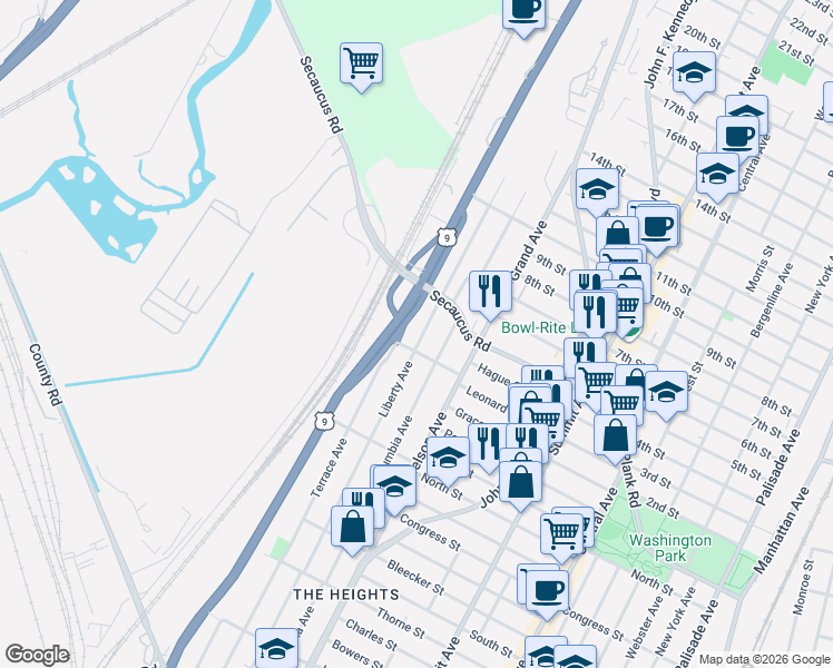 map of restaurants, bars, coffee shops, grocery stores, and more near 352 Terrace Avenue in Jersey City