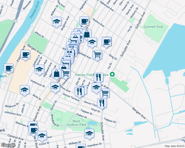 map of restaurants, bars, coffee shops, grocery stores, and more near 264 Bergen Avenue in Kearny
