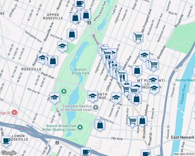 map of restaurants, bars, coffee shops, grocery stores, and more near 151 Parker Street in Newark