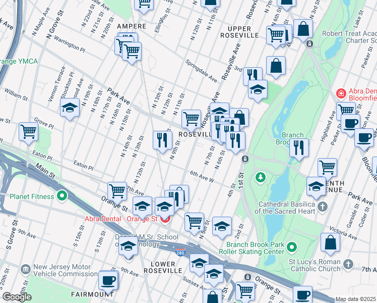 map of restaurants, bars, coffee shops, grocery stores, and more near 215 Roseville Avenue in Newark