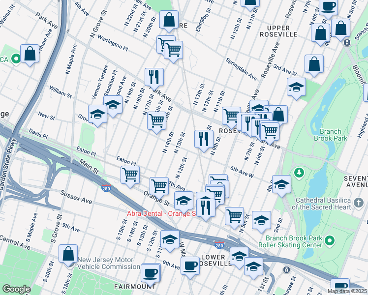 map of restaurants, bars, coffee shops, grocery stores, and more near 73 North 13th Street in Newark