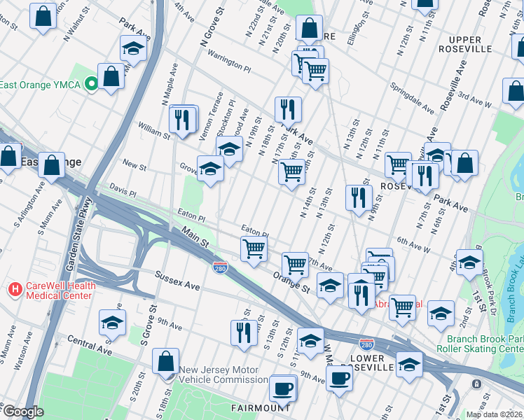 map of restaurants, bars, coffee shops, grocery stores, and more near 14 North 16th Street in East Orange