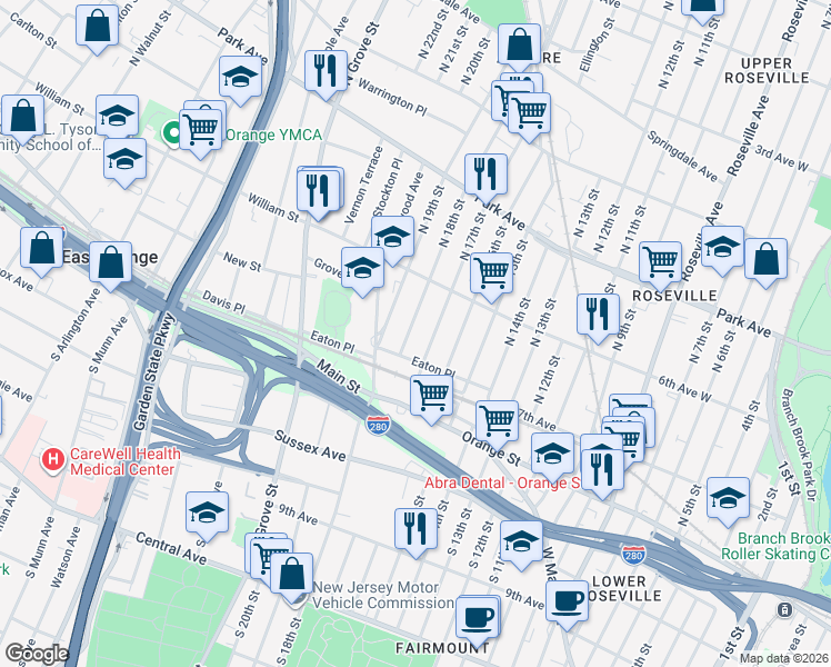 map of restaurants, bars, coffee shops, grocery stores, and more near 64 Eaton Place in East Orange