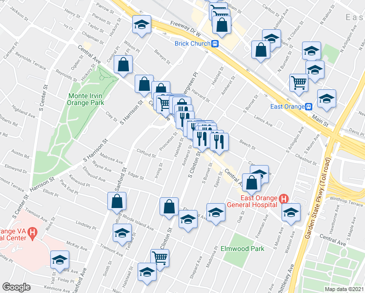 map of restaurants, bars, coffee shops, grocery stores, and more near 206 Amherst Street in East Orange