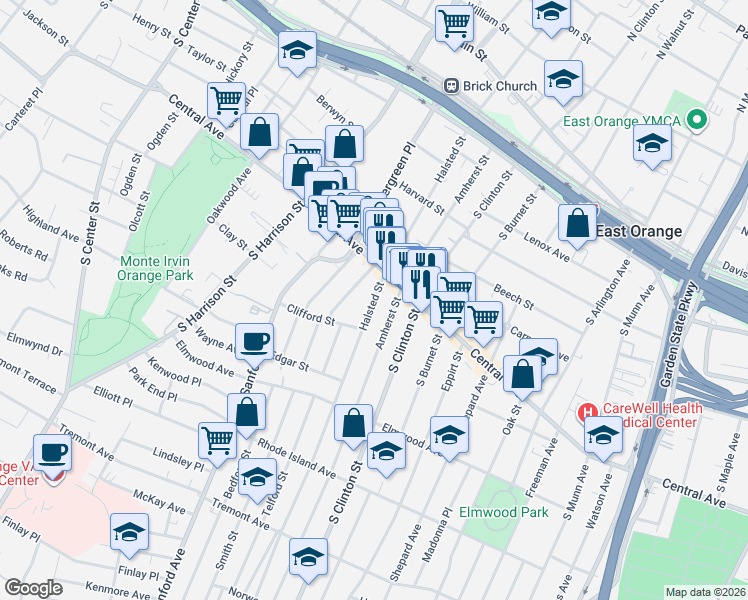 map of restaurants, bars, coffee shops, grocery stores, and more near 267 Halsted Street in East Orange