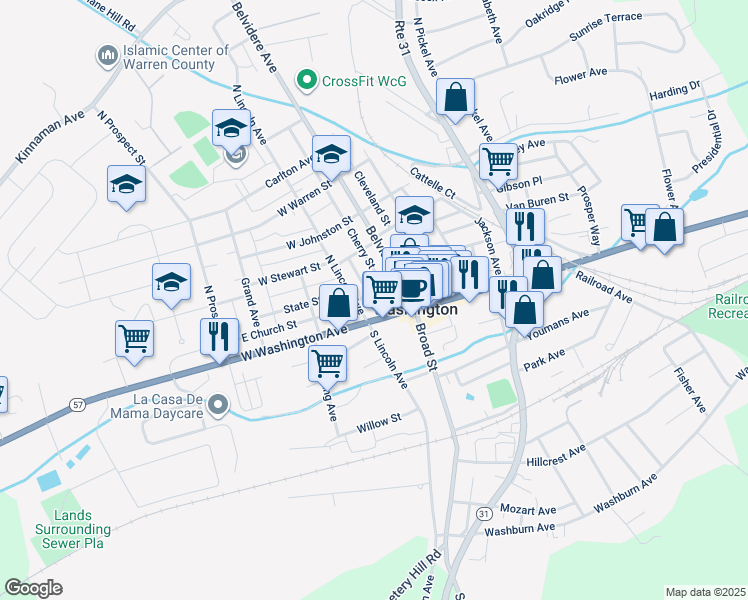 map of restaurants, bars, coffee shops, grocery stores, and more near 102 West Washington Avenue in Washington