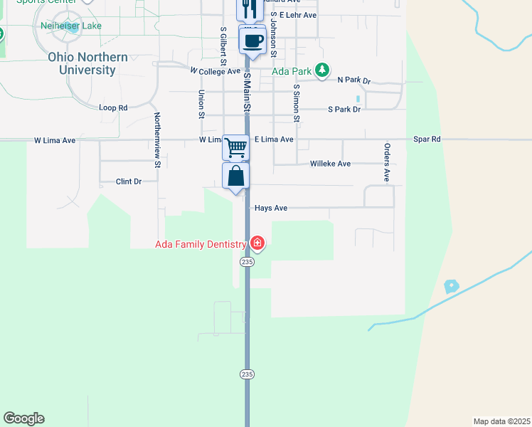 map of restaurants, bars, coffee shops, grocery stores, and more near 207 Hays Avenue in Ada