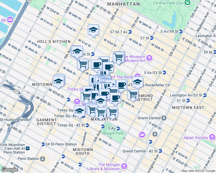 map of restaurants, bars, coffee shops, grocery stores, and more near 150 West 47th Street in New York