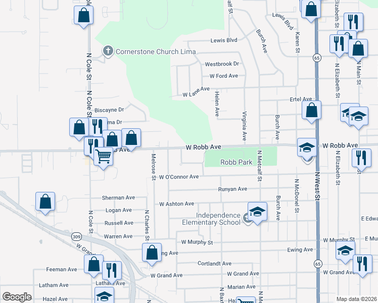 map of restaurants, bars, coffee shops, grocery stores, and more near 825-871 Brendonwood Drive in Lima
