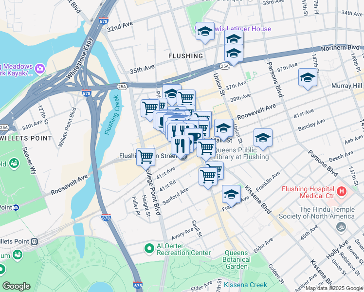 map of restaurants, bars, coffee shops, grocery stores, and more near 135-10 40th Road in Queens