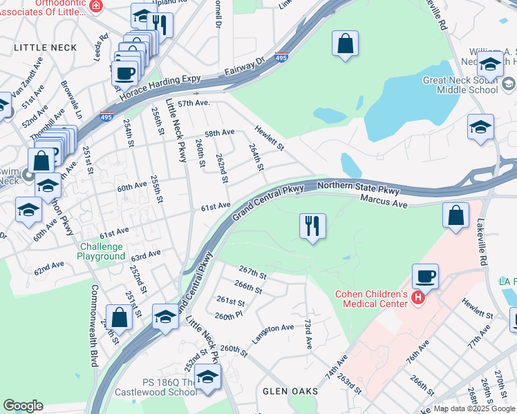 map of restaurants, bars, coffee shops, grocery stores, and more near 269 Grand Central Parkway in Queens