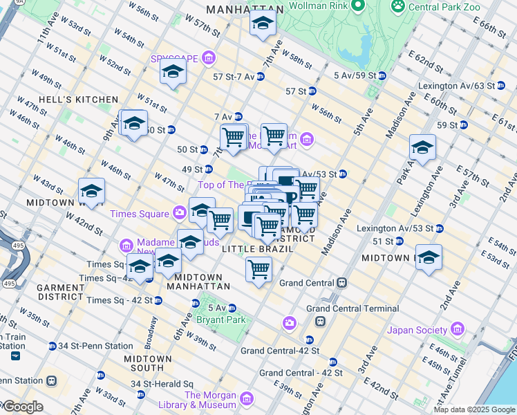 map of restaurants, bars, coffee shops, grocery stores, and more near 38w West 48th Street in New York