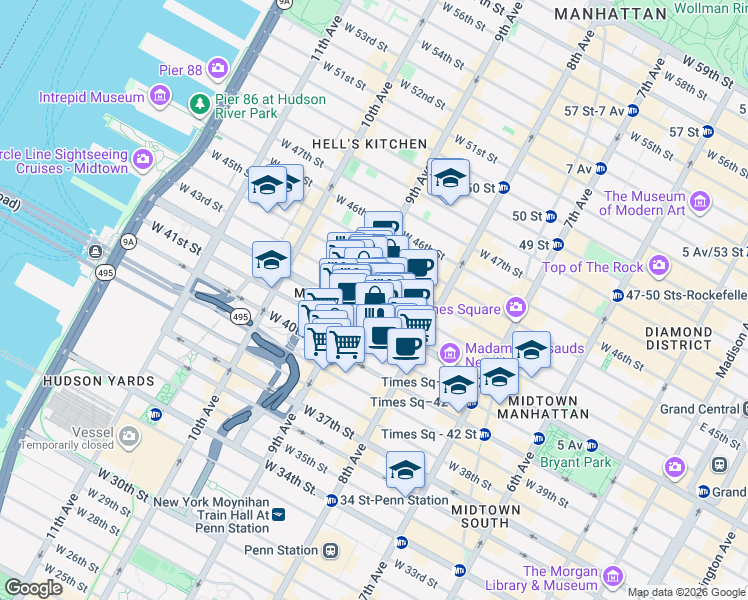 map of restaurants, bars, coffee shops, grocery stores, and more near 360 West 43rd Street in New York