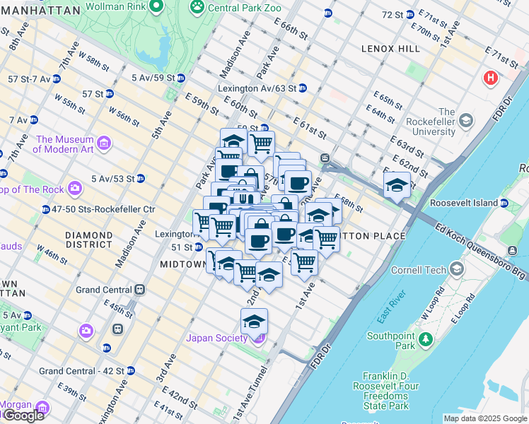 map of restaurants, bars, coffee shops, grocery stores, and more near East 55th Street in New York