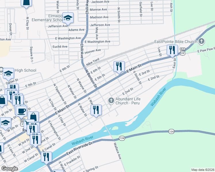 map of restaurants, bars, coffee shops, grocery stores, and more near 385 East 3rd Street in Peru