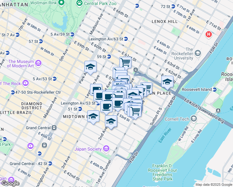 map of restaurants, bars, coffee shops, grocery stores, and more near 231 East 55th Street in New York