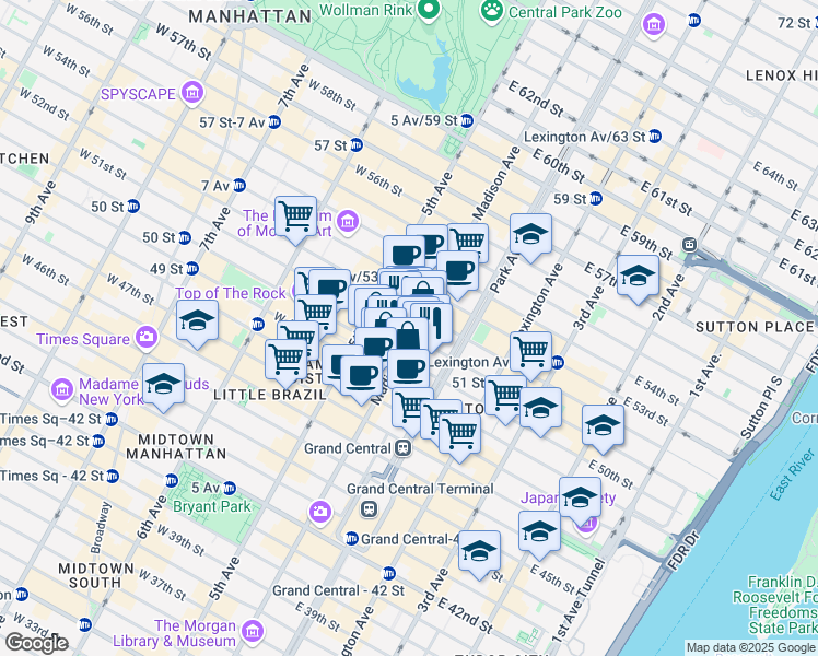 map of restaurants, bars, coffee shops, grocery stores, and more near 29 East 50th Street in New York