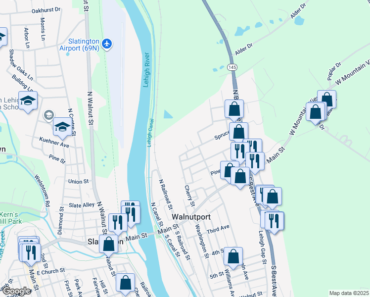 map of restaurants, bars, coffee shops, grocery stores, and more near 213 Spruce Street in Walnutport