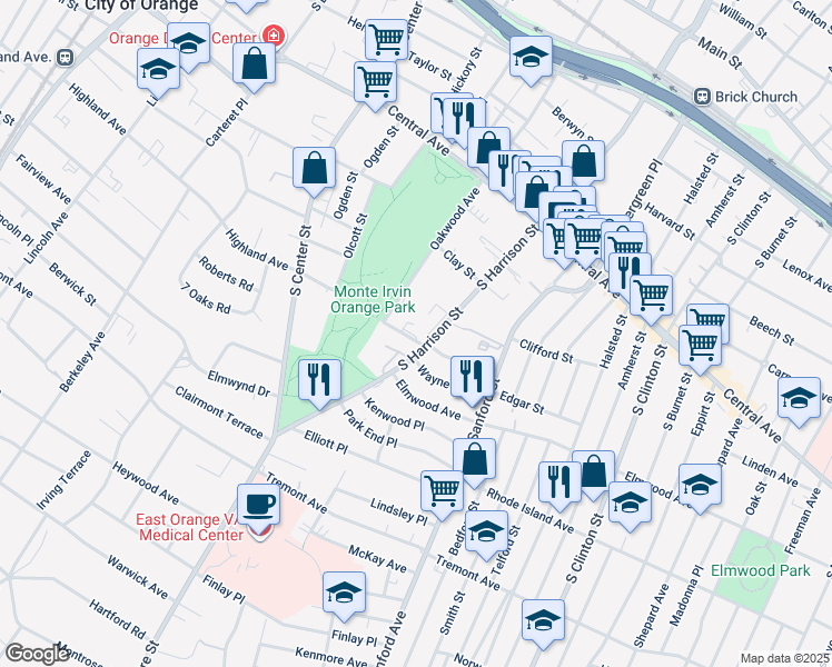map of restaurants, bars, coffee shops, grocery stores, and more near 315 South Harrison Street in East Orange