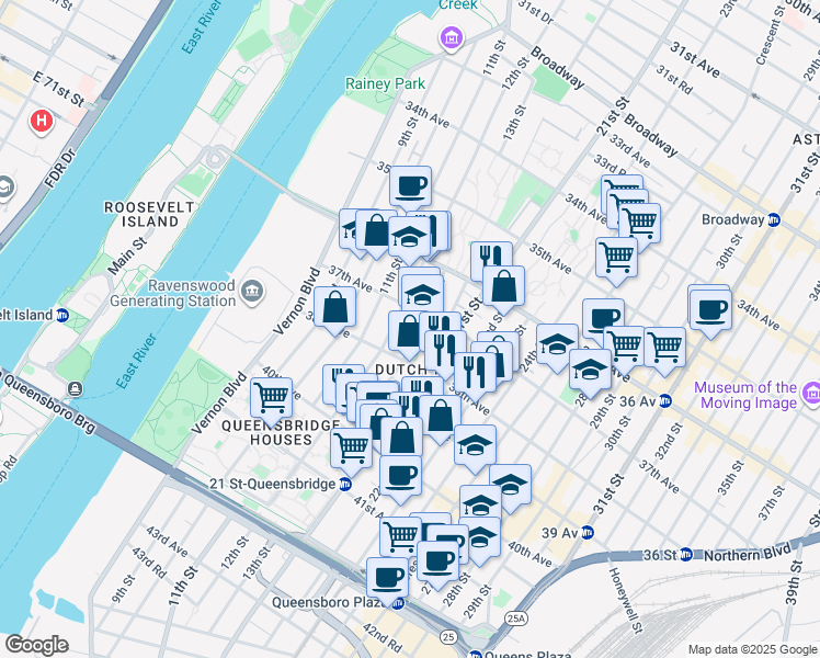 map of restaurants, bars, coffee shops, grocery stores, and more near in Queens