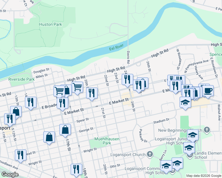 map of restaurants, bars, coffee shops, grocery stores, and more near 2206 East Broadway in Logansport