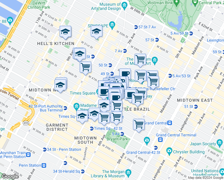 map of restaurants, bars, coffee shops, grocery stores, and more near 114 West 47th Street in New York